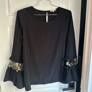 Pleione Black Blouse with Floral Sleeve Detail
